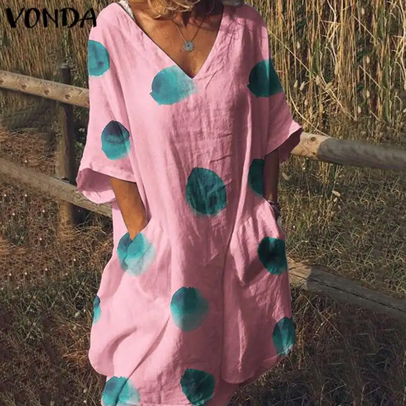 

VONDA Summer Dress Bohemian Sundress Women Vinatge Half Sleeve Dot Printed Dresses 2019 Casual Loose Party Vestidos Plus Size