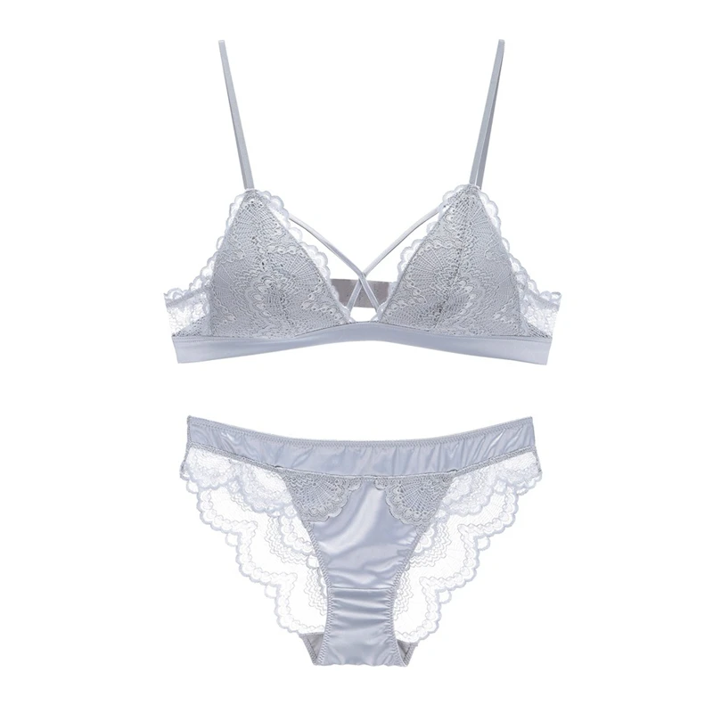 

Sexy Lace Thin Cotton Triangle Open Cup Bra Set Cross String Wireless Small Breasts for Girls Lacy Underwear Set Women Lingerie