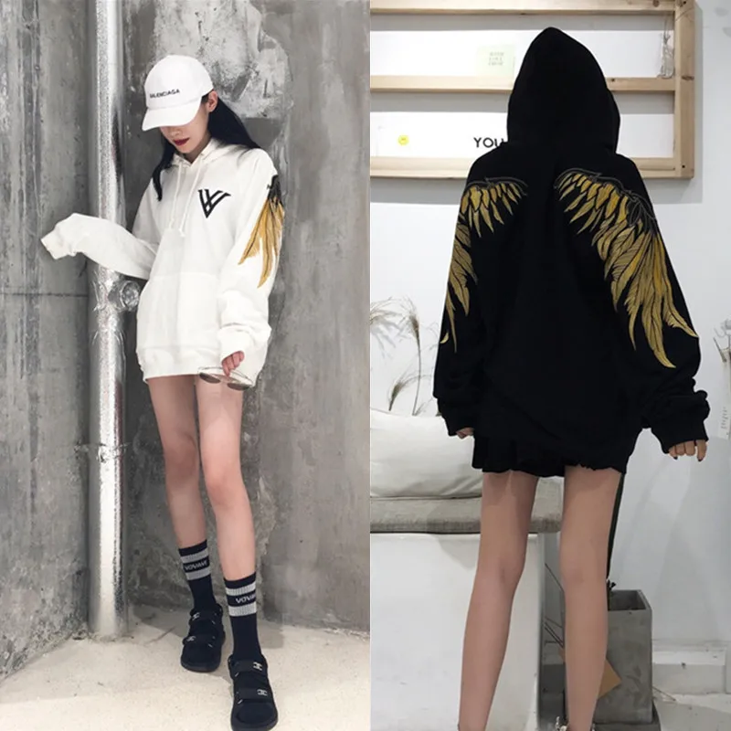 

2018hip hop gold thread embroidery wings more add wool fleece single men and women lovers sets loose BF hoodie jacket