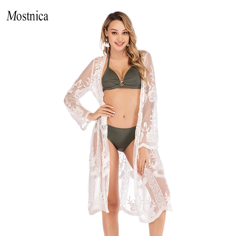 

Mostnica Women Summer Lace Tops White Embroidered Mesh Sheer long Kimono Cardigan Womens Sexy Flower Vacation Beach Cardigans