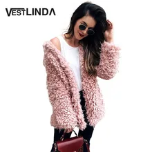 VESTLINDA Musim Dingin Abu-abu Wol Mantel Hangat Pakaian Luar Wanita Pink Faux Mantel Bulu Menolak Kerah Lengan Panjang Kardigan Perempuan Tahan Dr