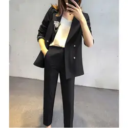2019 демисезонный дамы брюки для девочек костюмы черные модные мотобрюки бизнес для женщин Зубчатый нагрудные 2 шт. куртка + брюки д
