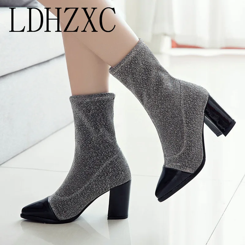 

LDHZXC Women Shoes Mid Calf Boots Fashion Stretch Fabric Thin High Heel Pointed Toe Sock Boots Winter Women Boots Size 34-46