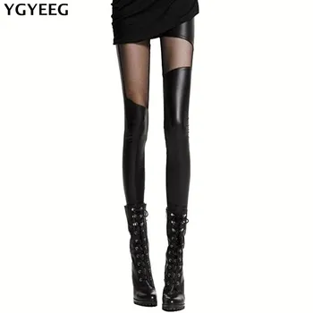 

YGYEEG Hot 2020 Sexy Leather Leggings Women Stitching Fashion Lace Black Leggings Plus Size Leather Legging Punk Gothic Rock