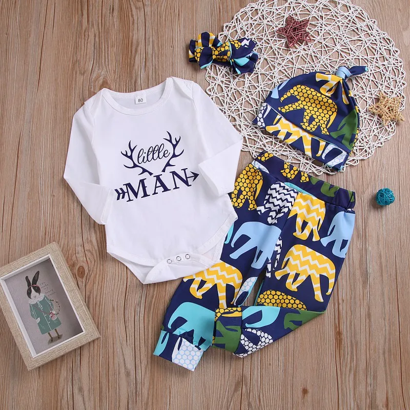 

Newborn Baby Boys Girl clothes 4pcs Set Cotton Deer long sleeve Romper+ Pants +Hat + Headband Outfits Infnat Baby Clothing