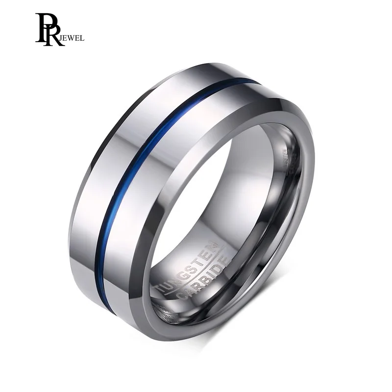 

Tungsten Carbide Wedding Band 8mm Blue Line Ring Comfort Fit Polished Shinny