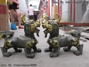 

Chinese Folk classical Old Bronze Gilt Feng Shui Door Foo Dog Lion beast Pair