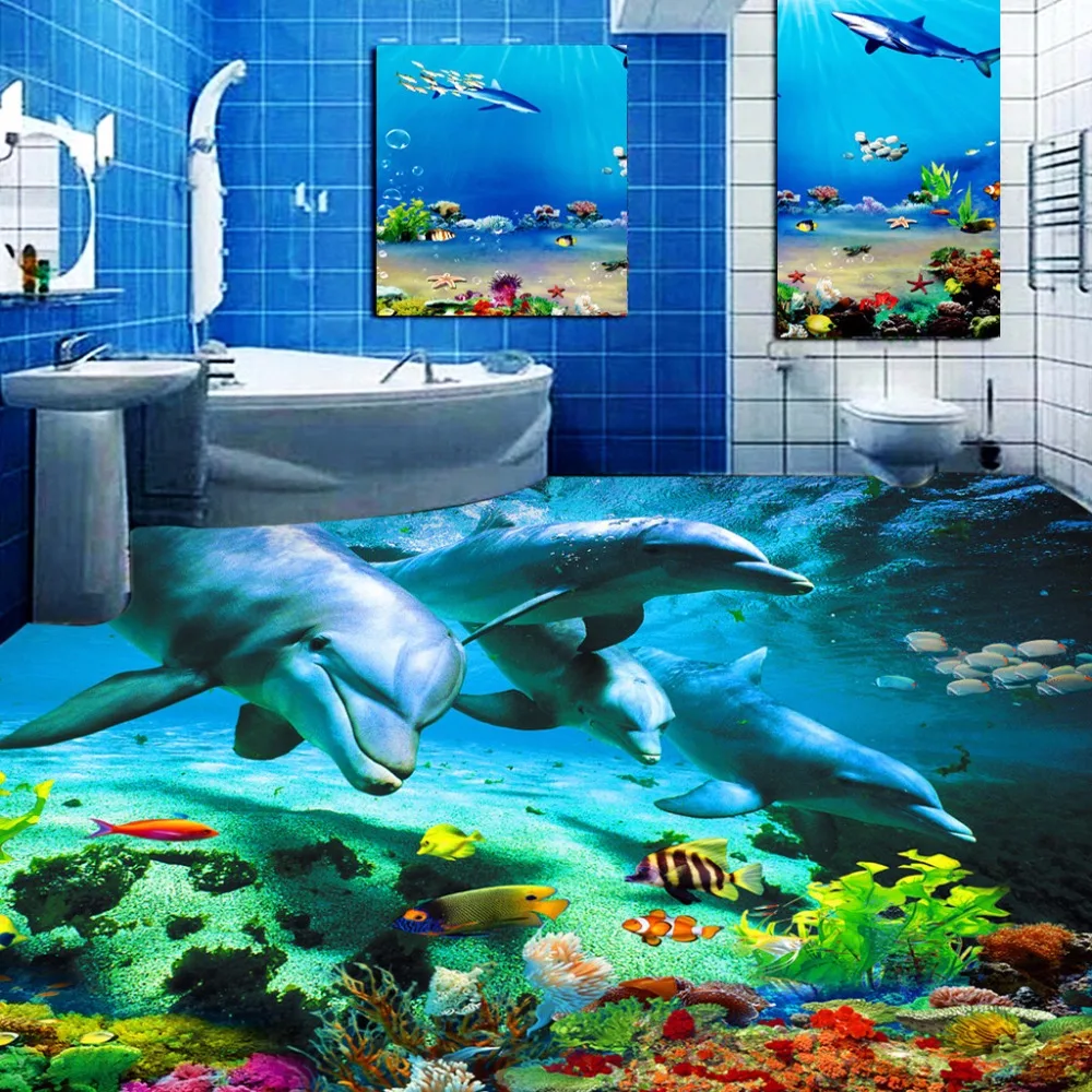 Custom 3D Floor Sticker Ocean World Dolphin Toilets Bathroom Bedroom Vinyl Floor Mural PVC Waterproof Wallpaper Painting Modern sunlight ocean beach shower curtain bathroom curtain sea shell conch dolphin waterproof fabric bath screen decor cortina de baño