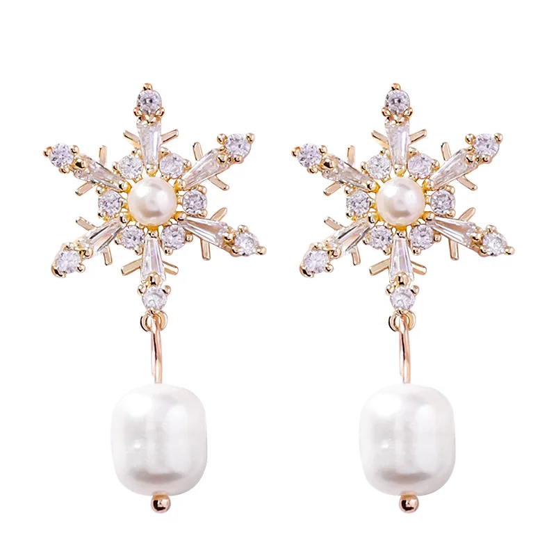 

2019 New Luxury Full Rhinestone Snowflake Irregular Pearl Drop Earrings For Women Minimalist Short Dangle Party Earring Jewelry