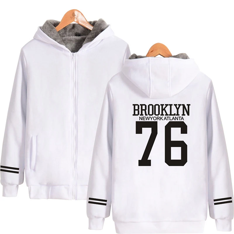 Фото Толстовка BROOKLYN 76 Мужская/женская зимняя, Модный худи в стиле хип-хоп, на молнии, куртки, повседневный утепленный свитшот с длинным рукавом, 4XL №1