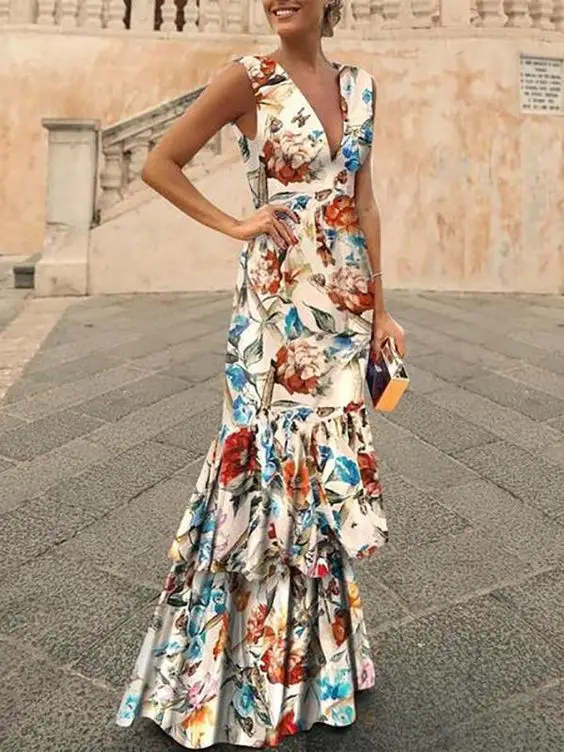 

2019 Summer Women Deep V-Neck Backless Party Dress Elegant Ruffle Floral Print Bodycon Dress Sleeveless Long Dress