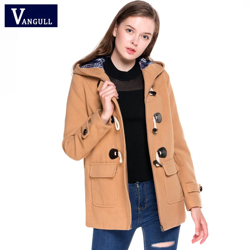 

Fashion Women's Clothing 2018 Autumn & Winter long sleeves coat hooded Horn Button Jacket A-Line Casual Solid wool blends Tops