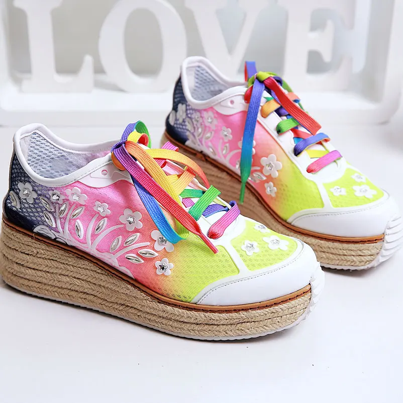 

2017 Limited Creepers Flats Designer Espadrilles Lace-up Casual Platform Shoes Woman Spring Autumn Ladies Breathable Loafers