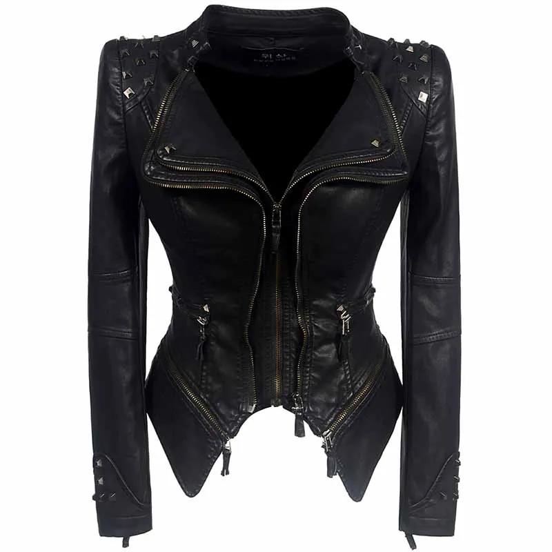 

Women PU Jackets Casual Gothic Punk OL Ladies Plus Size Slim Lapel Zipper Rivet Pockets Spring 2019 Female Fashion Black Coats