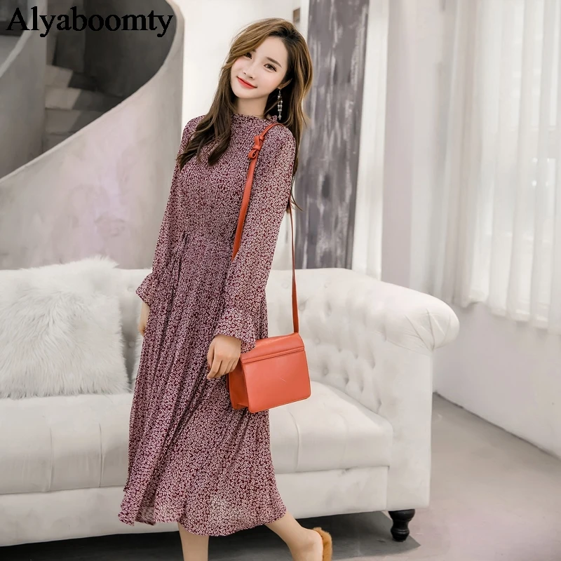 

New Korean Chic Spring Long Dress Elegant Stand Collar Floral Print Women Dress Wrist Sleeve Elastic Waist Chiffon Pleated Dress