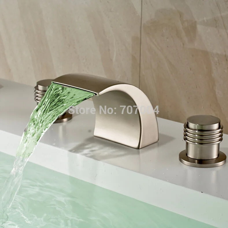 New Arrive LED Deck Mounted Brushed Nickel Basin Faucet Widespread Waterfall Dual Handles Bathroom Basin Sink