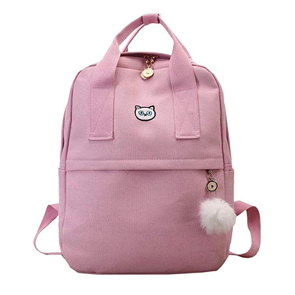 

Adisputent Girl Canvas Backpack School Bag Student Backpack with Hairball Satchel Travel Shoulder Bag