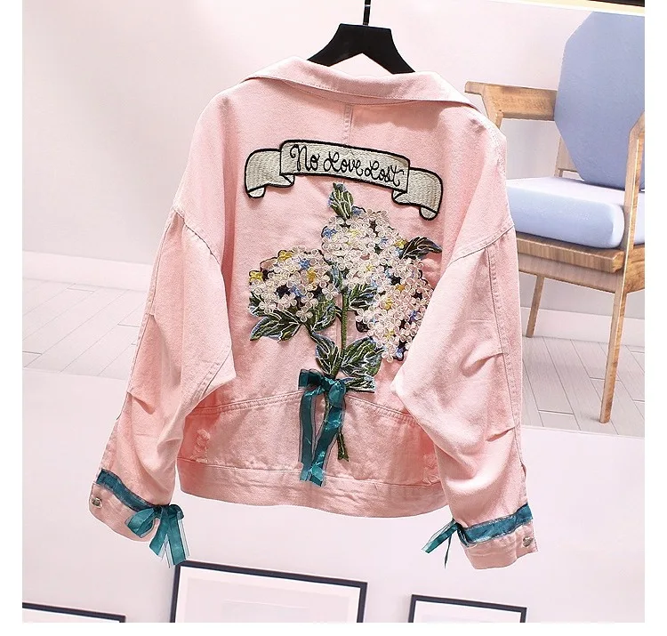 Джинсовая куртка, новинка, весна-осень, женская джинсовая куртка с вышитыми цветочными аппликациями и кружевным бантом, желтая, белая, розовая, студенческое пальто CC199