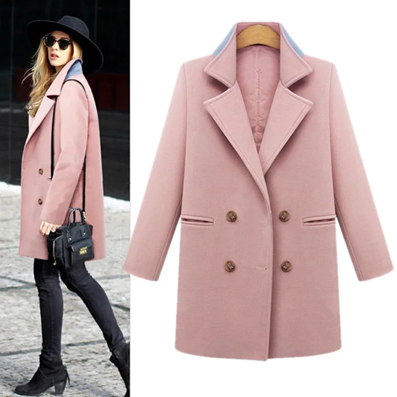 Pink wool women coat 5xl Plus Size 2016 Winter Solid Vintage Double