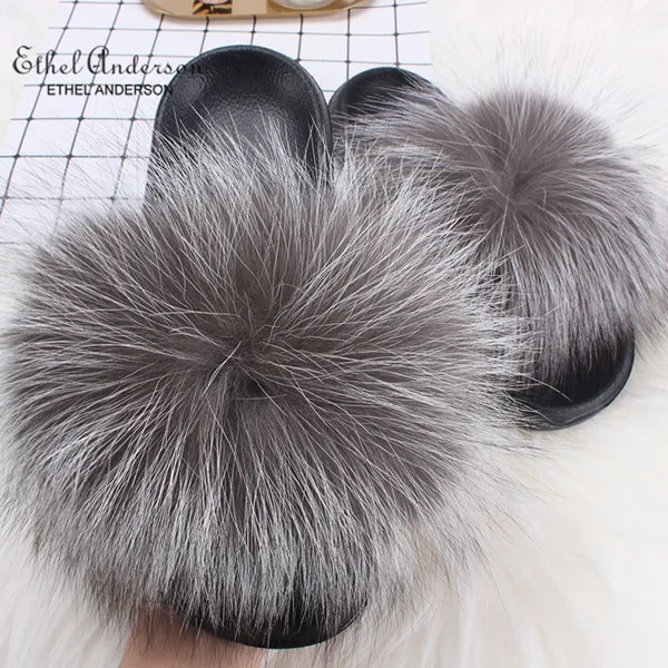 Silver Fox Fur Ethel Anderson леди пушистые тапочки реального енота Мех животных направляющие Летние повседневные сланцы хорошее качество пляжные сандалии плюш - Цвет: Silver Fox Fur
