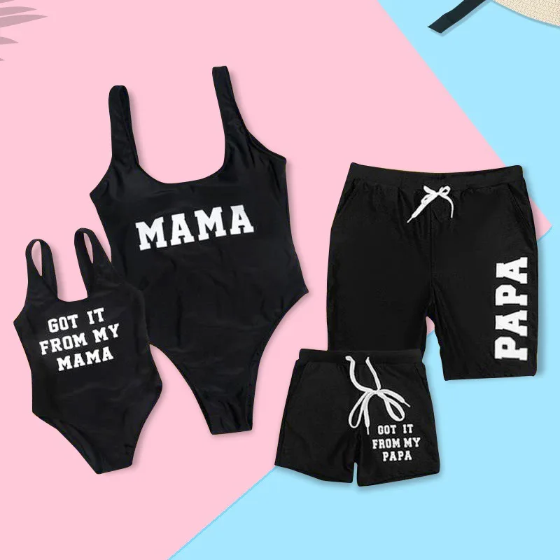 

Black Family Swimsuit MAMA PAPA Summer Bikini Set Mother Daughter Matching Swimwear Father Son Trunks for Kids Men Beach Shorts