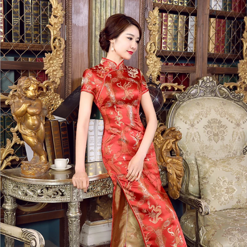 

Red New Arrival 100% Brand New Chinese Women's Brocade Satin Handmade Coil Clasper Long Cheong-sam Dress S M L XL XXL 3XL C0030