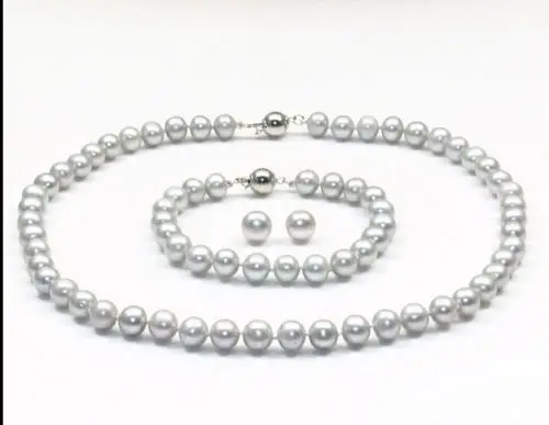 

Jewelry 001529 hot genuine 9-10MM south sea gray pearl necklace bracelet earring stud set 18