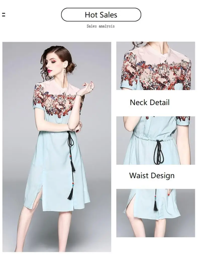 2018 New Autumn European Fashion Print dress Vintage Floral Print Patchwork Short Sleeve Casual Dress With Beaded Belt