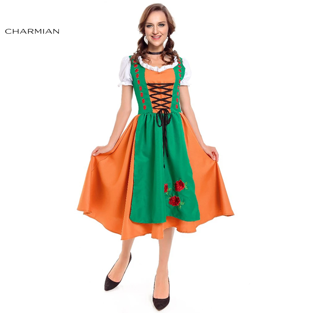 Charmian German Beer Girl Costumes Bavarian Maid Wench Oktoberfest Costume Fancy Dress Halloween Party Peasant Dress Costume