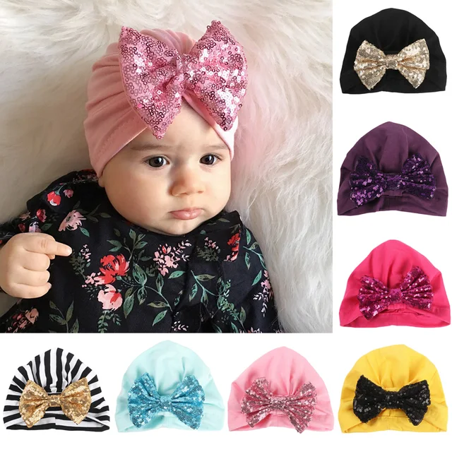 Chapeau Turban à paillettes brillantes pour bébés filles, bonnet nœud papillon 1