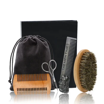 

4 Pcs/Set Beard Brush Comb Mens Mustache Hair Care Grooming Kit Shears Scissors with Bag Styling Tools