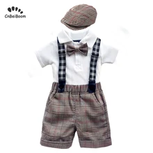 Комплект одежды из 4 предметов для мальчиков, хлопковый комбинезон, белые шорты в клетку, комбинезоны Детский костюм От 0 до 2 лет, летняя одежда для новорожденных комплекты для мальчиков