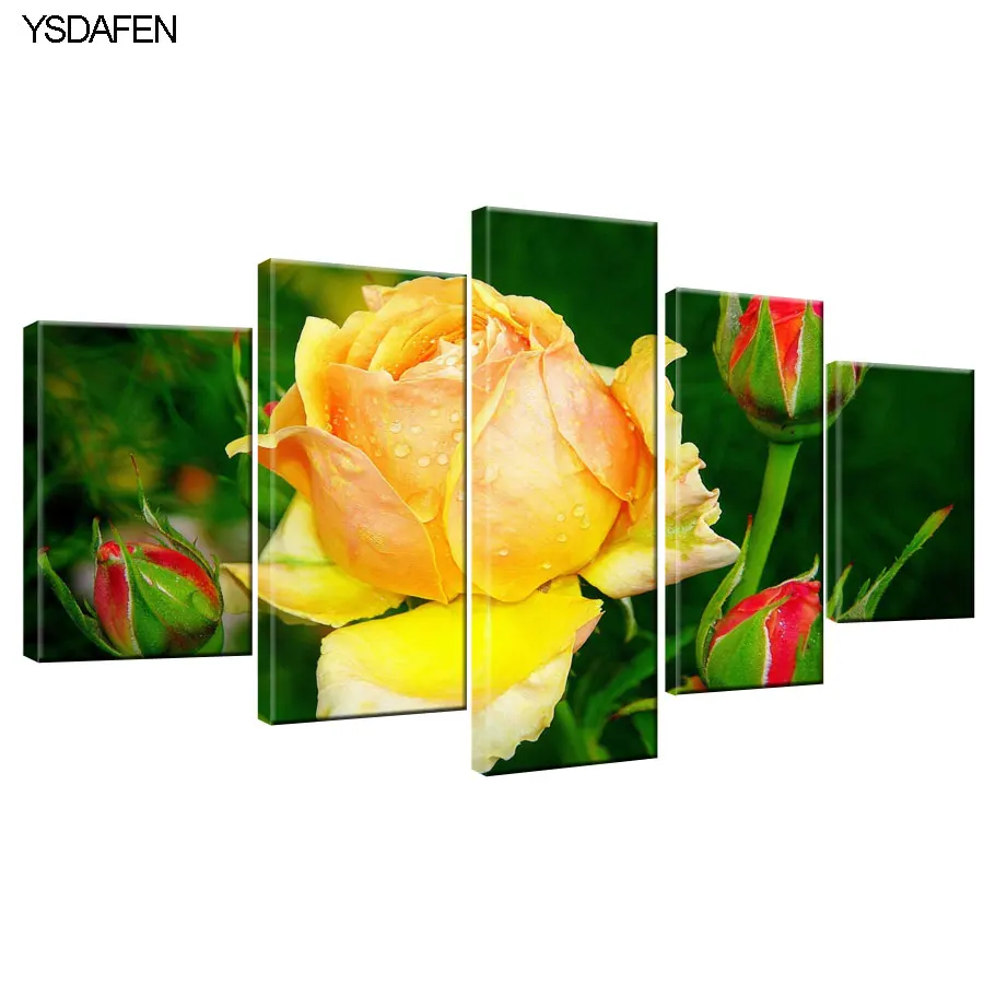 5 pieces yellow flower canvas of roses for HD printed painting canvas