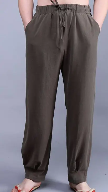 Льняные и хлопковые мужские брюки для медитации единоборств форма для боевых искусств кунг-фу дзен штаны для тайцзи серые/кофейные/черные - Цвет: coffee