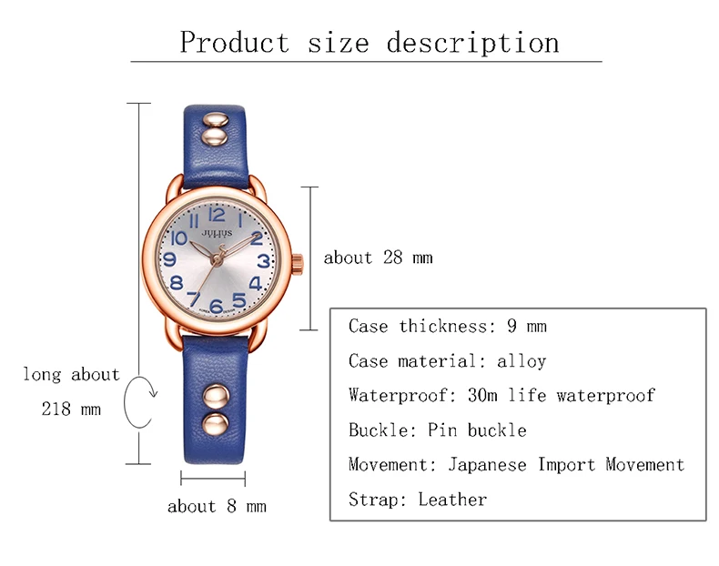 Julius ретро заклепки кожаные часы женские классические синий круглый цифровой циферблат кварцевые платье наручные часы модные панк Reloj Mujer подарок