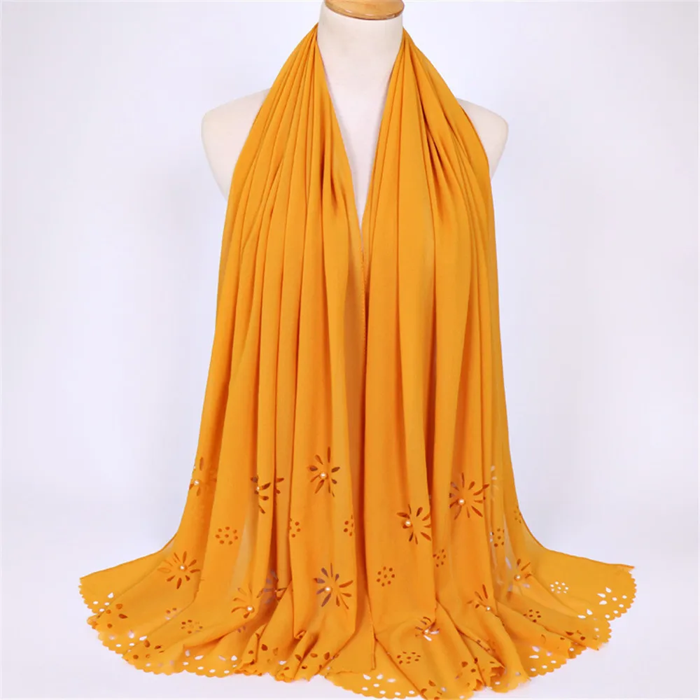 

Muslim Hijab Bubble Chiffon Hijab Laser Cut Flower Hollow Pearl Shawls Hijab Wrap Muslim 27 Colors Scarves/Scarf 180*85cm