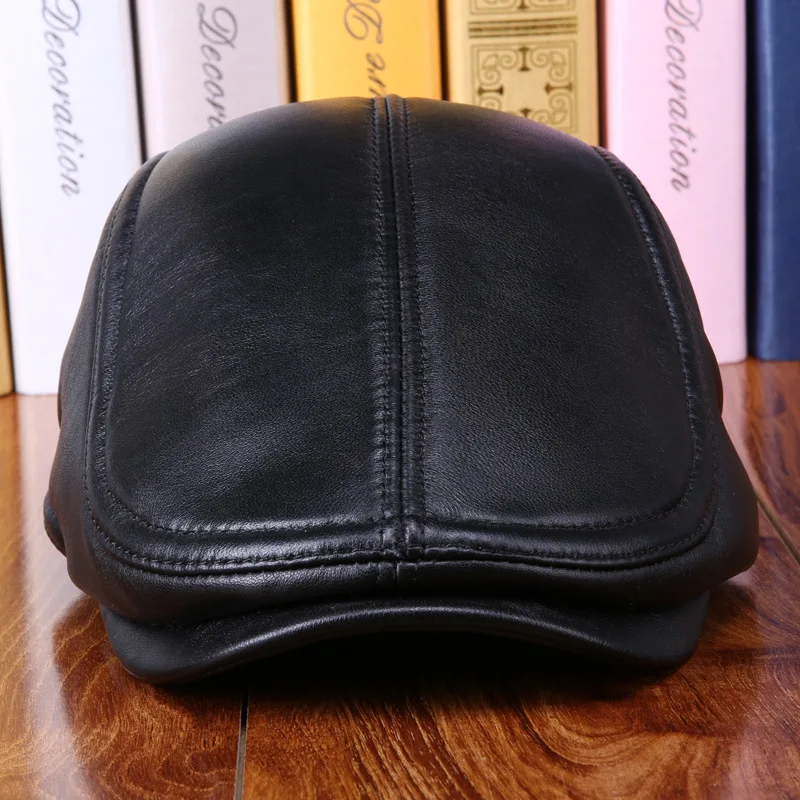 Günstig 2017 Winter Männer Echtem Schaffell Hut Ältere Warme Leder Kappe Vater Neue Jahr Geschenk Wildleder Baskenmütze Druck Baseball Hut B 7266