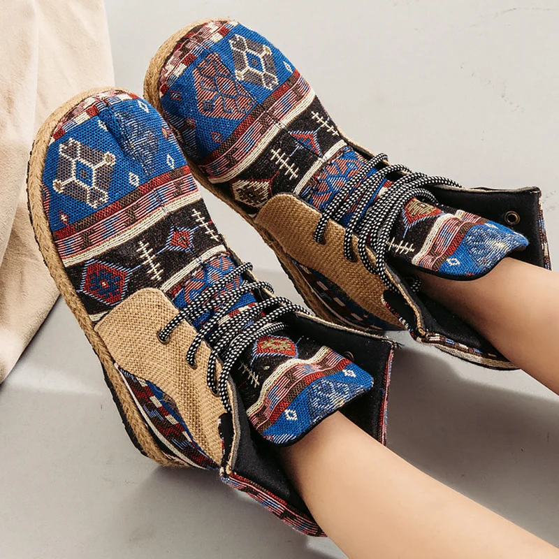 

Boots for women Flax Patchwork Lace up Girls Ankle boots Falt with Breathable Autumn shoes Platform Botas mujer