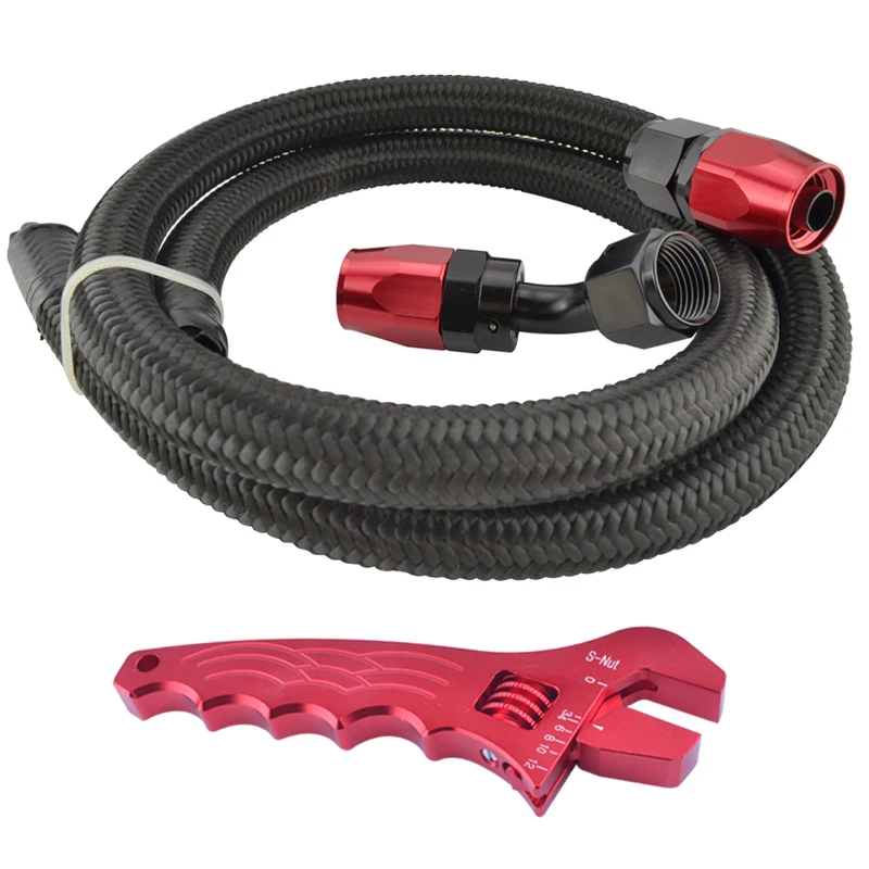 

AN10 10-AN NYLON & STAINLESS BRAIDED OIL/FUEL LINE HOSE 1 METER +STRAIGHT+45 DEGREE SWIVEL FITTING BLACK HOSE With Spanner