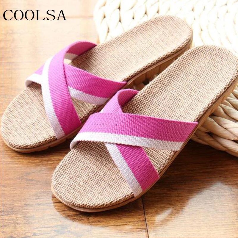 

New Women's Linen Flat Sandals Striped Cross Flax Slippers Beach Flip Flops Hotel Indoor Home Slippers Women Slides House Shoes