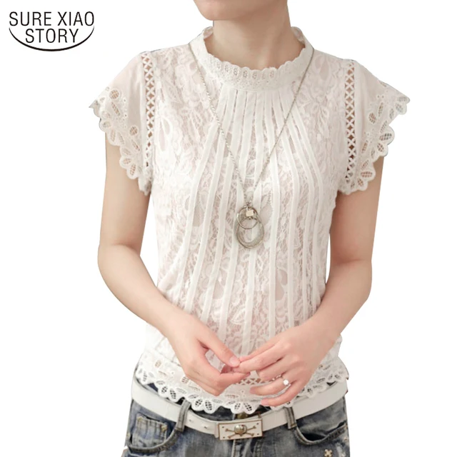 2017 Ladies White Lace Blouse Short Sleeve Women Tops