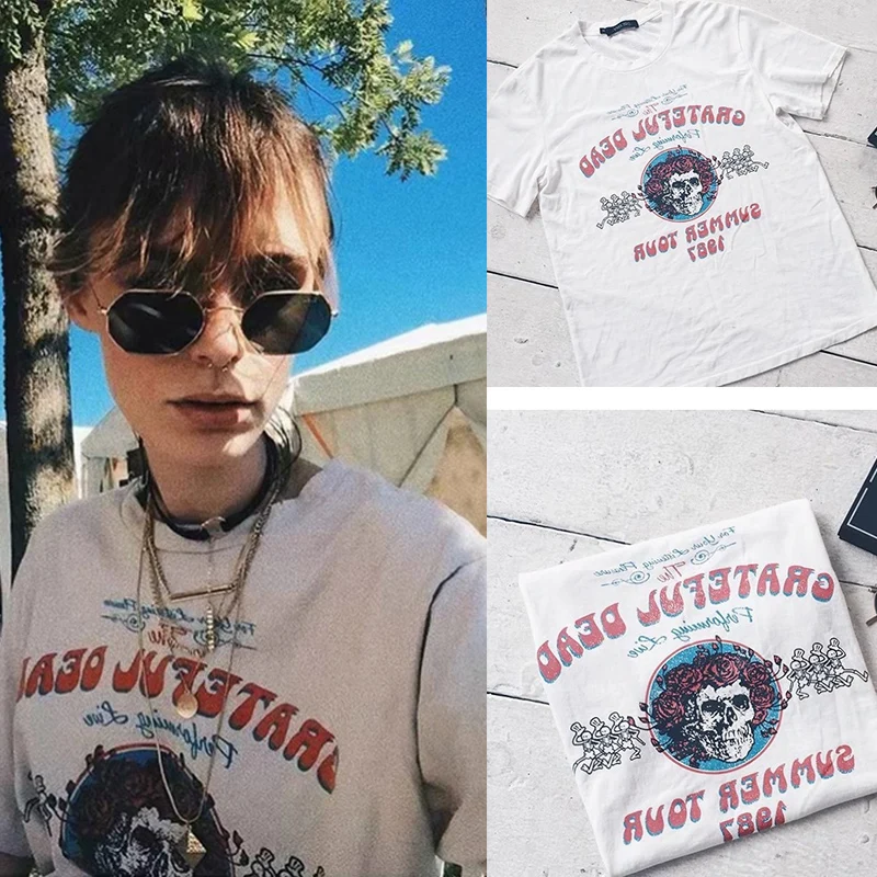 

2018 INS Hot Runway Designer Luxury T-shirts for Women Personality Skull Letters Print Harajuku Summer Top Tee Female White