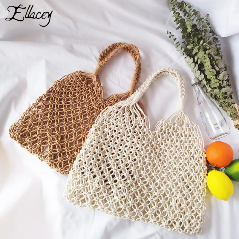 

2019 Fashion Popular Woven Beach Bag Mesh Rope Weaving Tie Buckle Reticulate Hollow Straw Bag No Lined Net Shoulder Bag