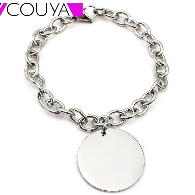 Clic Trendy Stainless Steel Round Tag Charm Bracelets For Women Clic Trendy Stainless Steel Round Tag Charm Bracelets For Women Silver Bracelet Femme Casual Chain