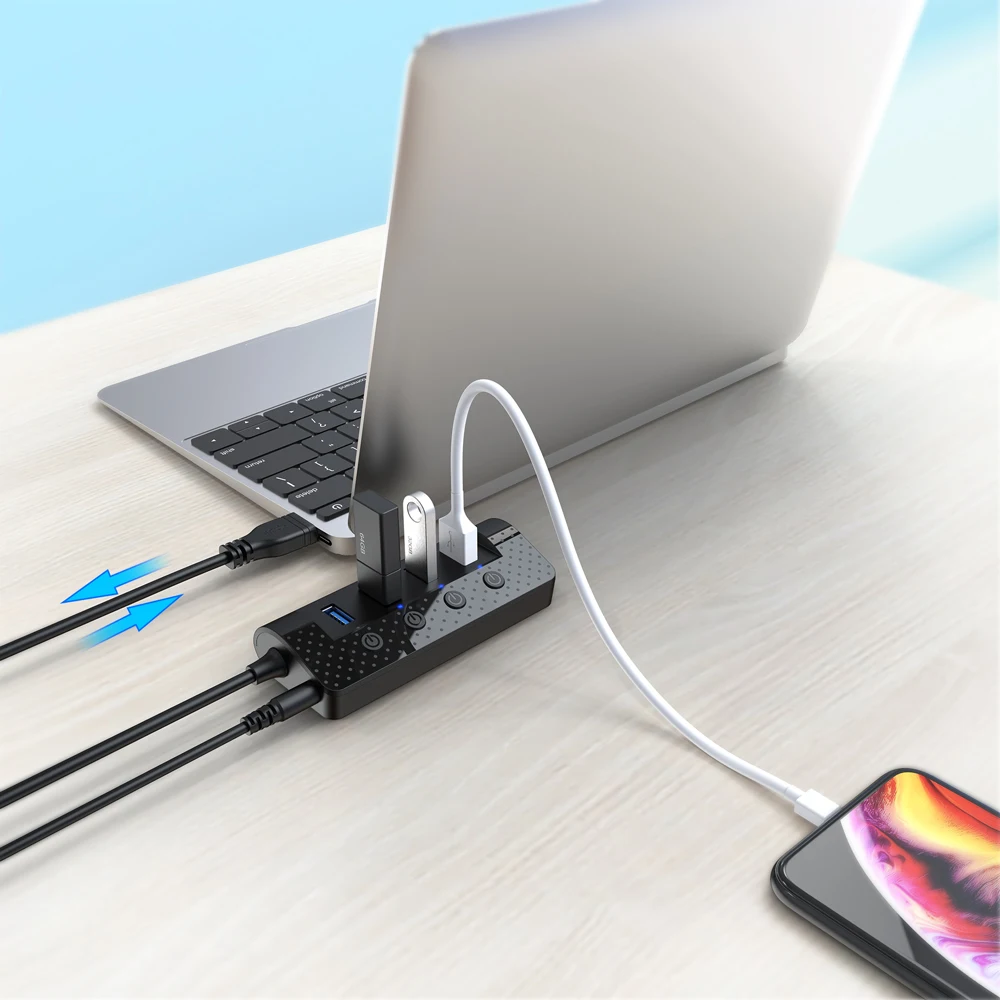 Atolla USB 3,0 концентратор разветвитель с 4 USB 3,0 порта передачи данных и 1 USB умный порт зарядки, индивидуальные переключатели питания и адаптер питания