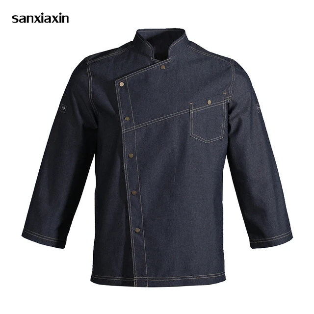 new Denim Fabric Chef Jacket Wholesale Long Sleeve restaurant uniforms