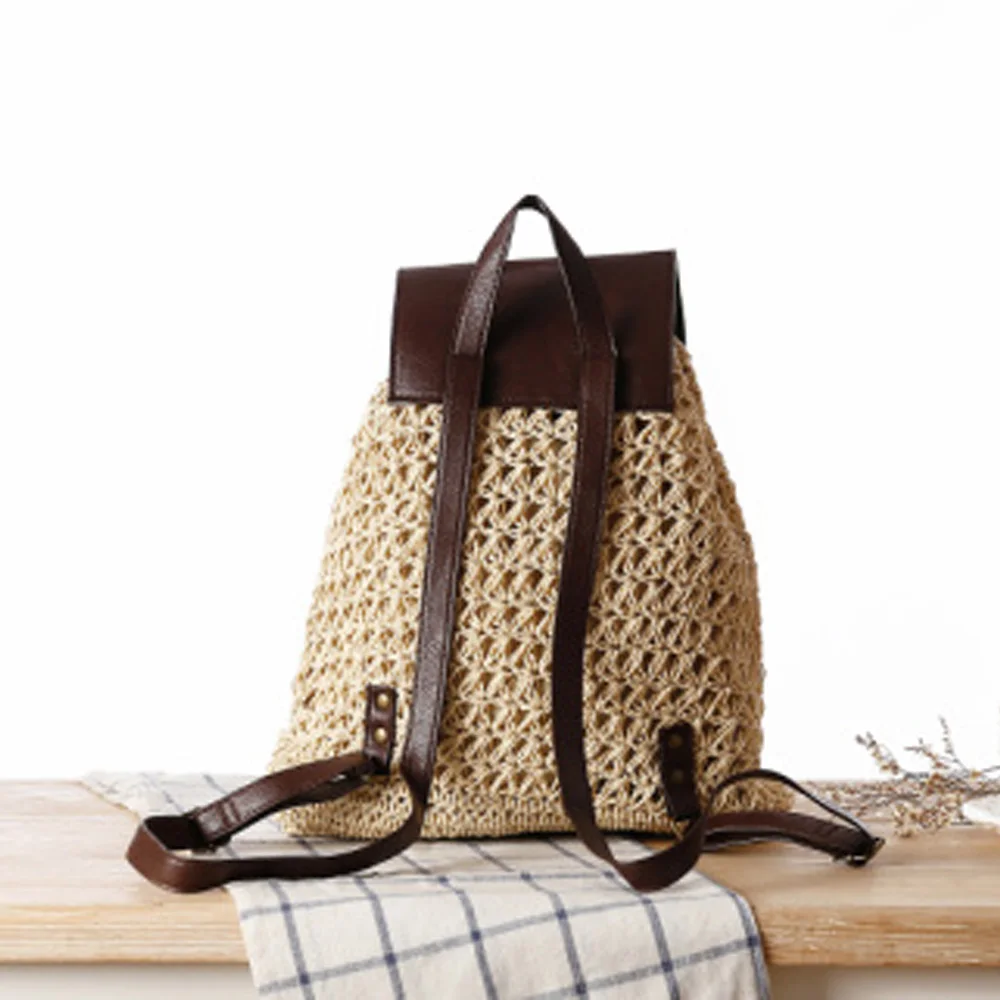 Summer Women's Backpack Crochet Paper Rope Woven Straw Bag With Drawstring Fashion Straw Backpack Summer Popular Woven Backpack