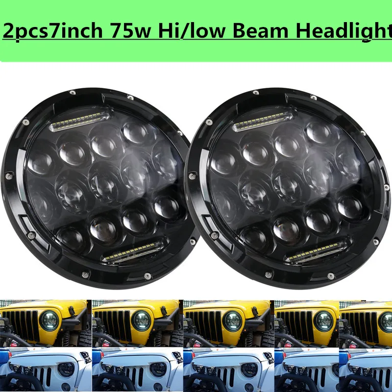 

75W 7 Inch Round Light with DRL Hi/Lo Beam Headlamp for Jeep Wrangler Jk TJ Fj Hummer Trucks Harley Off Road Lights (Pair)