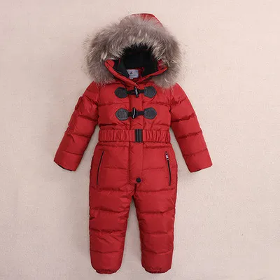 Детский Зимний лыжный костюм Одежда для маленьких мальчиков и девочек ветрозащитная теплая куртка для девочек, детские плотные пальто комбинезон на белом утином пуху - Цвет: Красный
