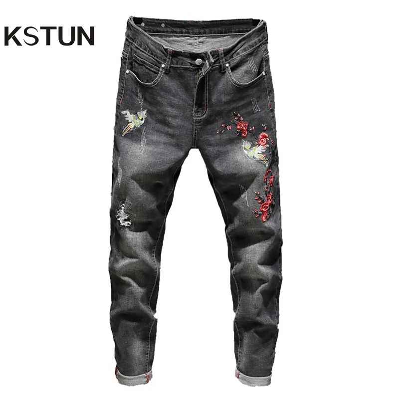 

Super Skinny Jeans Men White Jeans Stretch Black Blue Embroidered Floral Ripped Jeans Distresed Denim Pants Men Biker Jeans